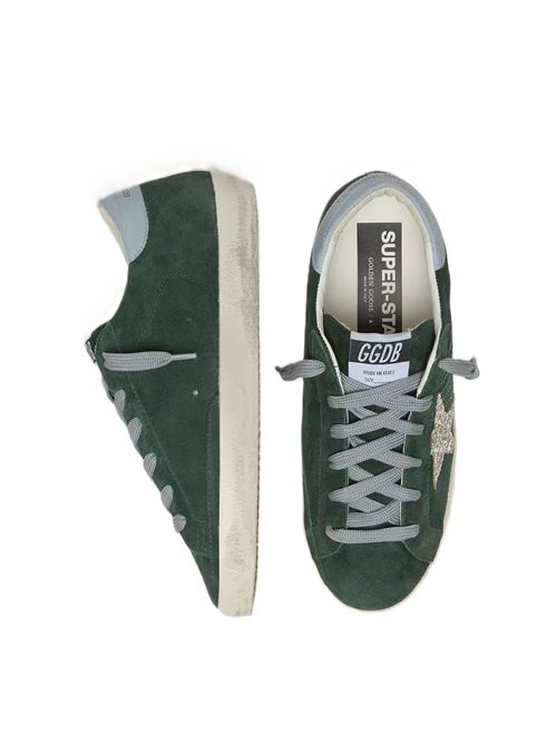Super-Star in suede verde con stella in glitter argento e talloncino in pelle Golden Goose | GWF00101.F007200.35923GREEN/PLATINUM/QUARRY